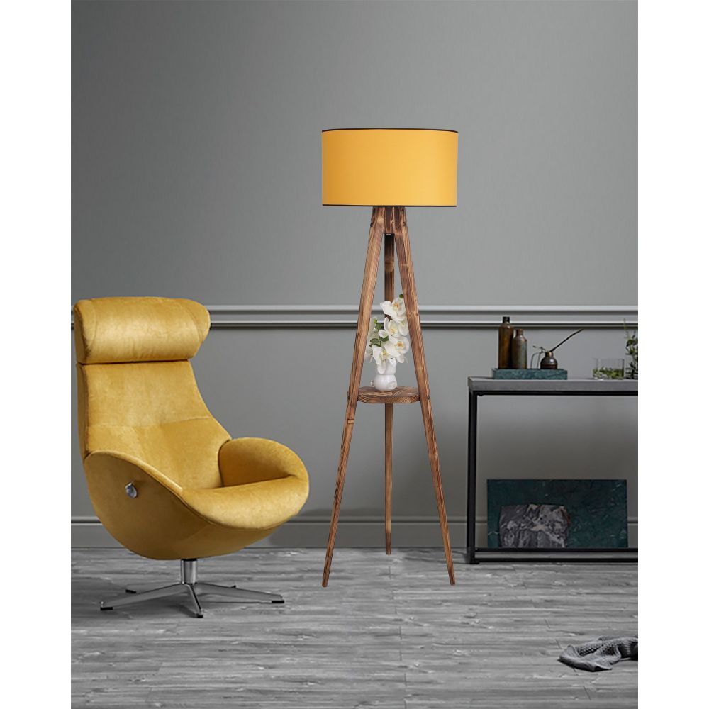 Sehbalı Tripod Yanık Lambader Silindir Hardal Abajurlu Brown slika 1
