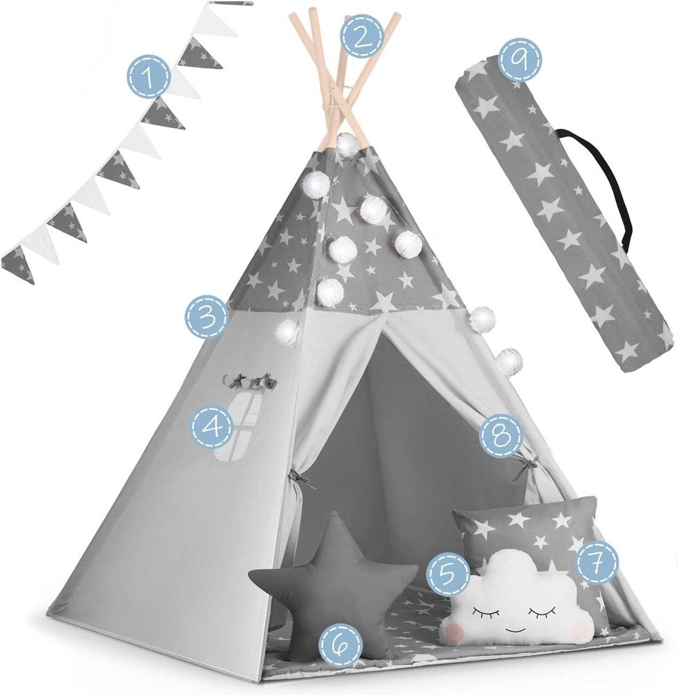 Teepee šator za djecu s girlandom i nukido svjetlima - sivi sa zvjezdicama slika 7