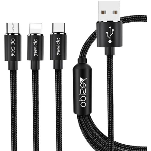 Yesido - Podatkovni kabel (CA-60) - 3u1 USB na Type-C-Lightning - Micro USB  60W 3A 1.2m - crni slika 1