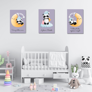 Set tri drvene slike za dječju sobu – Panda dečko, 22x33 cm