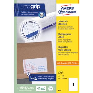 Avery Zweckform 3478 višenamjenske naljepnice A4 ultragrip 210x297mm 100 listova 100 naljepnica bijele