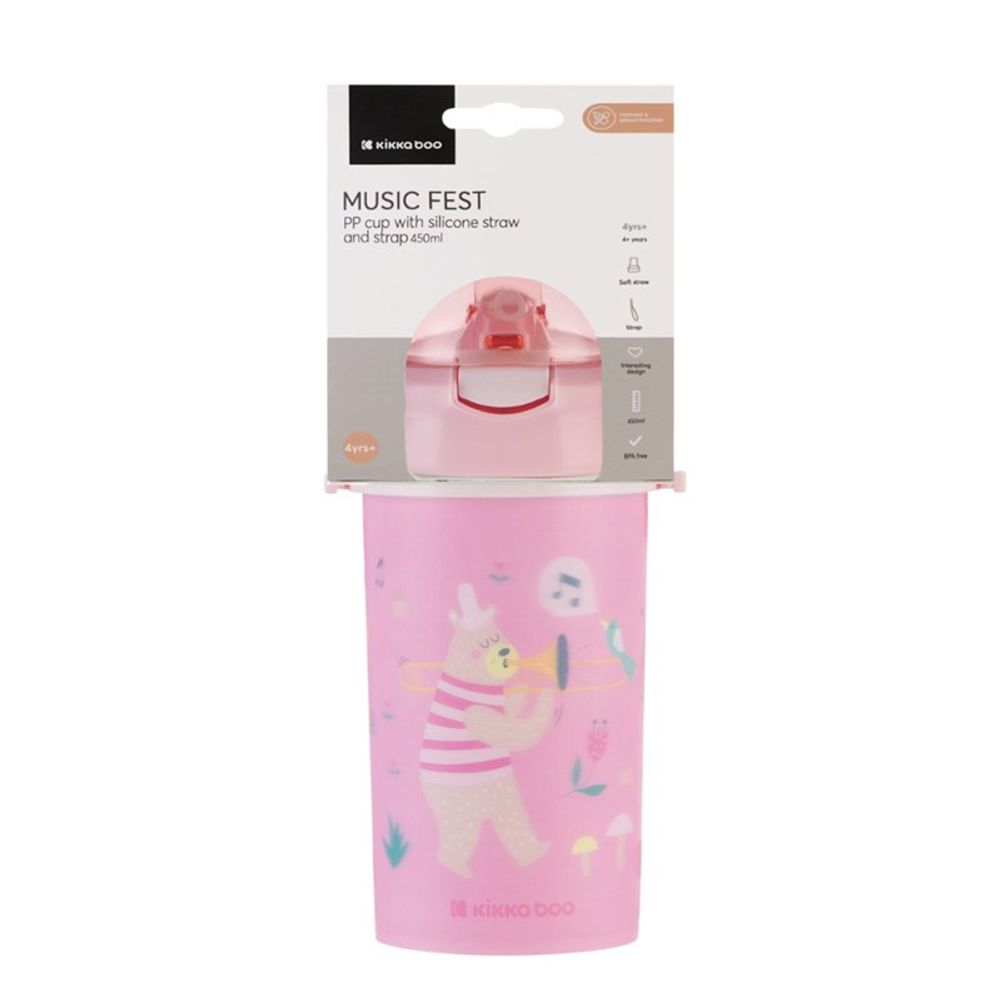Kikka Boo Flašica za piće sa slamkom i remenom Music Fest 450ml, Pink slika 4