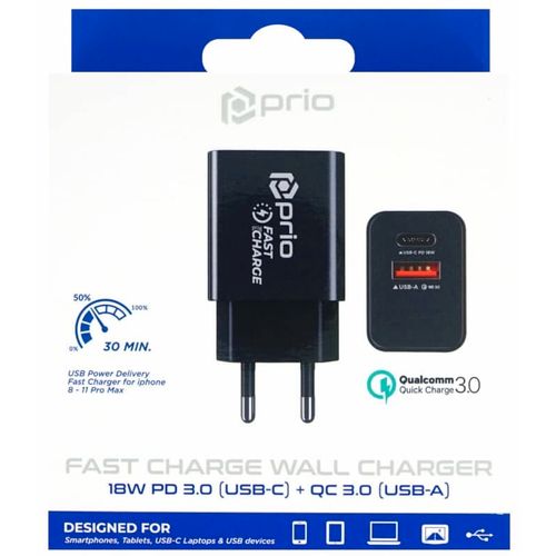 Prio Fast Charge zidni punjač 18W PD(USB C)+QC 3.0(USB A) crni slika 4