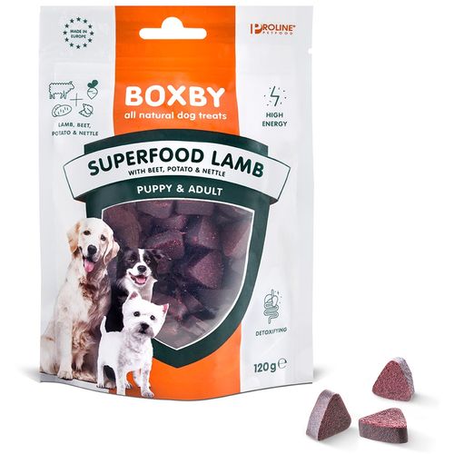 Boxby Poslastica za pse Puppy & Adult Super Food Janjetina, Cikla i Kopriva, 120 g slika 1