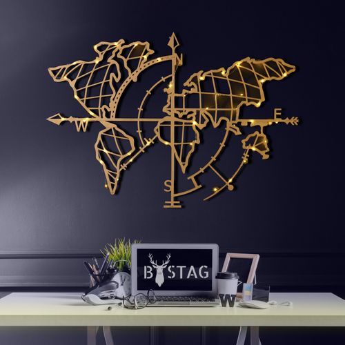 Wallity Metalna zidna dekoracija, World Map Compass Led - Gold slika 1