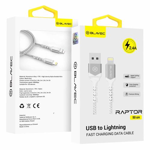 BLAVEC RAPTOR KABEL OPLETENI – USB NA LIGHTNING – 2.4A 0.5 METARA – bijelo-srebrni slika 1