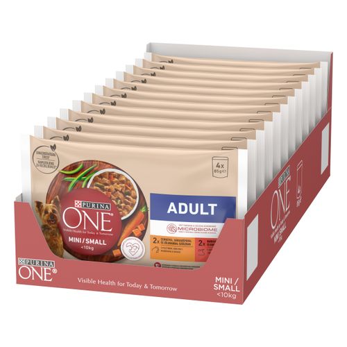 Purina ONE® Adult, 12x(4x100g) s piletinom, mrkvom i mahunama u umaku s govedinom, krumpirom i graškom u umaku (paket)  slika 2