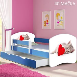 Dječji krevet ACMA s motivom, bočna plava + ladica 140x70 cm - 40 Mačka