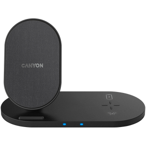 CANYON WS-202 2in1 Wireless charger, Input 5V/3A, 9V/2.67A, Output 10W/7.5W/5W, Type c cable length 1.2m, PC+ABS,with PU part ,180*86*111.1mm, 0.185Kg,Black