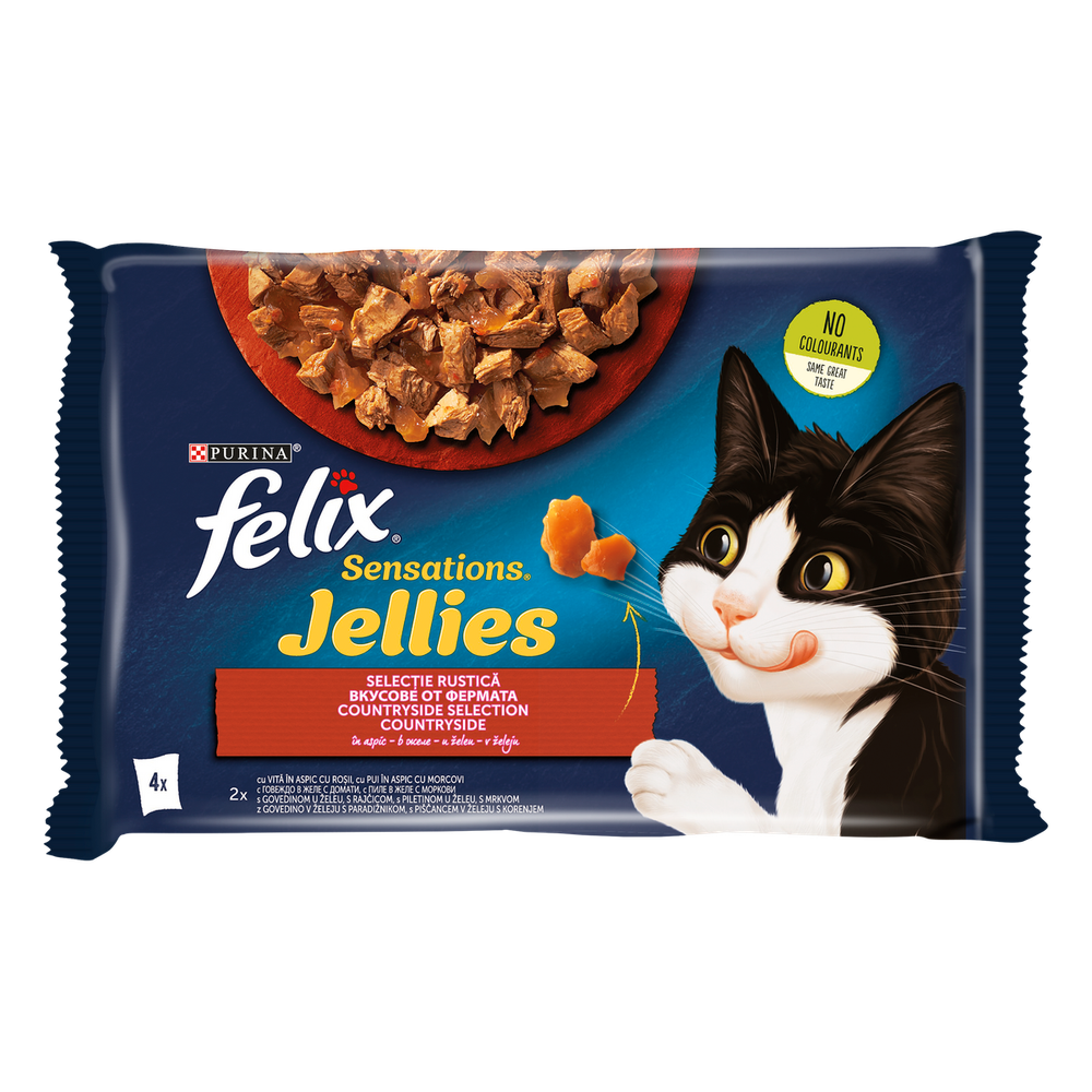 FELIX Sensations Jellies, za odrasle mačke, mokra hrana s govedinom i paradajzom u želeu, sa piletinom i mrkvom u želeu 4x85g slika 1