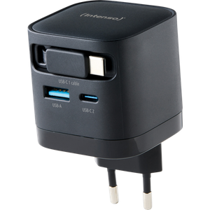 Intenso 65W GaN napajalnik z vgrajenim kablom USB-C, crni