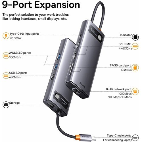 Docking station Baseus Metal Gleam Series 9-in-1, Type-C HUB, sivi slika 6