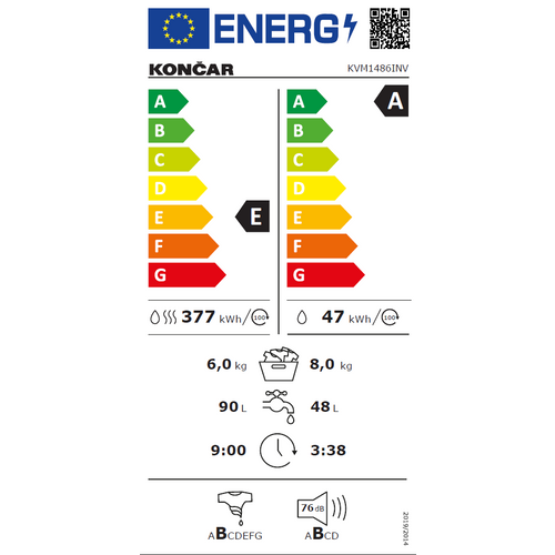 Končar KVM1486INV Mašina za pranje i sušenje veša, 8/6 kg, 1400 rpm, Inverter, Dubina 58 cm slika 2