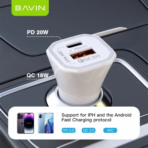 Bavin Auto punjač 20W PD QC3,0 USB&Type C bela slika 7