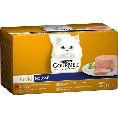 GOURMET GOLD Mousse multipakiranje, 1x s govedinom, 1x s tunom, 1x s jetrom, 1x s puretinom, 4x85 g slika 1