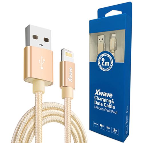 Xwave kabl USB IPHONE 2M 3A,lightning aluminium,upleteni zlatni slika 1