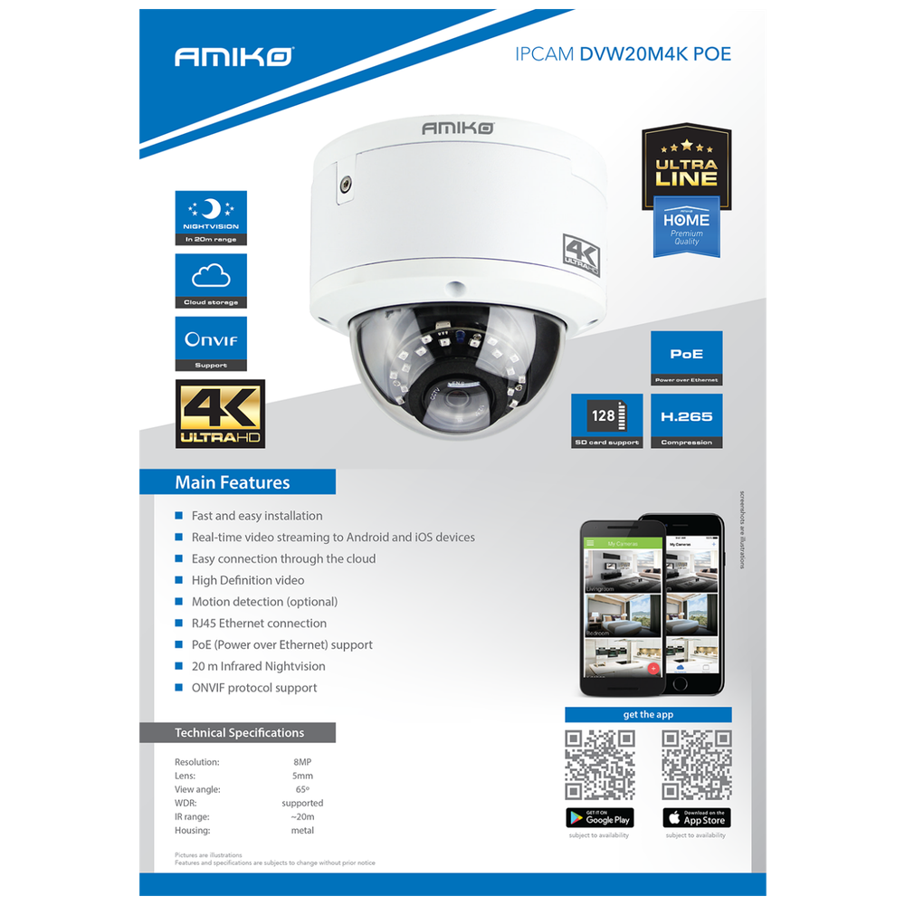 Amiko Home Kamera IP 8MP, 4K, SD utor, Lens 5mm, IR20 - DVW20M4K POE slika 2