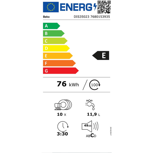 Beko DIS 35023 Ugradna mašina za pranje sudova, 10 kompleta, Širina 44.8 cm slika 6