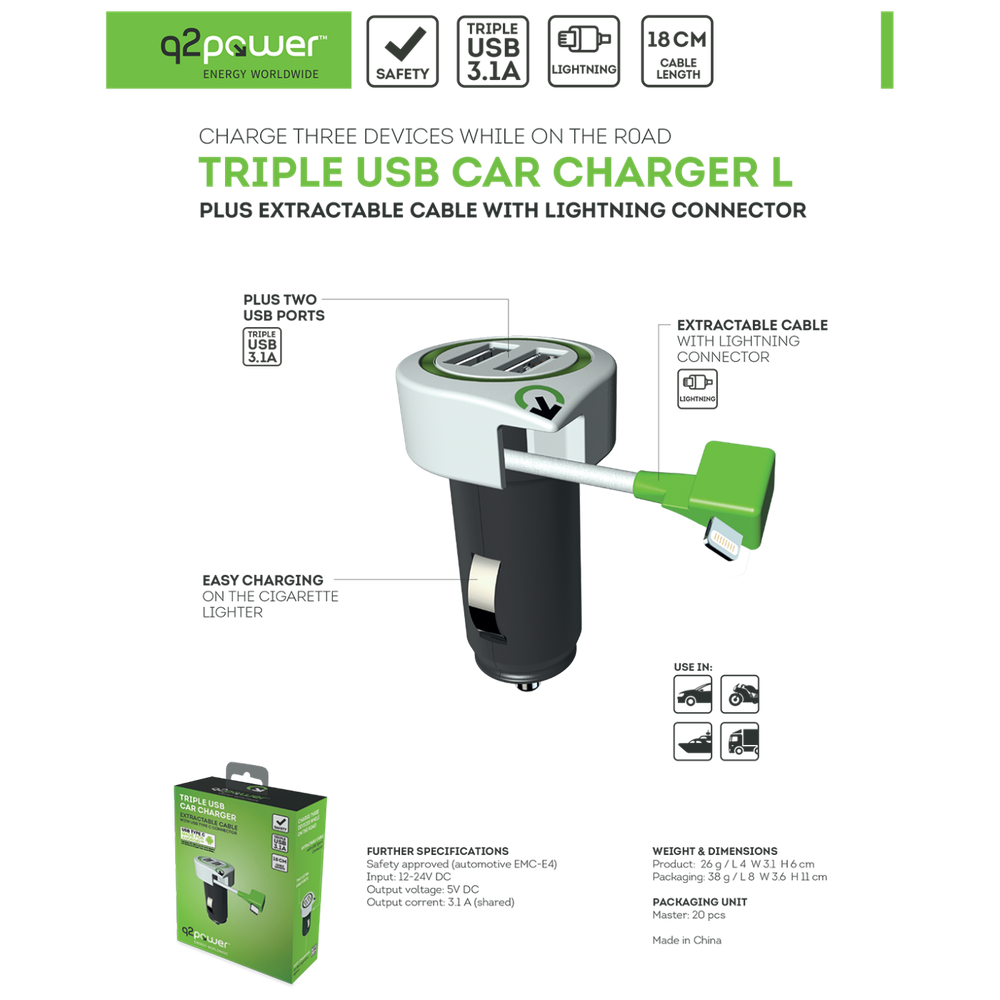 q2power Auto punjač, Dual USB, 3.1A, lightning konektor - TRIPLE USB CAR CHARGER L slika 3