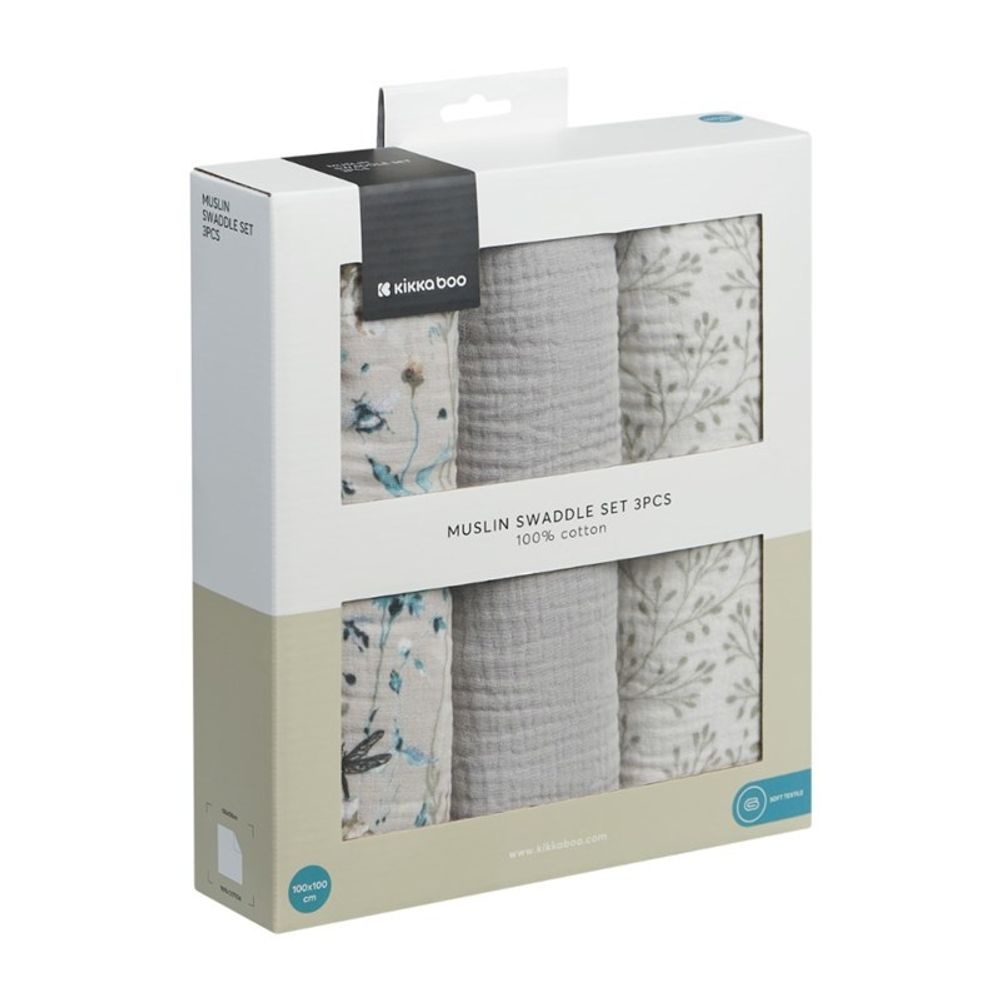 Kikka Boo Muslin pelene Dreamy Fields Grey 100x100cm, 3kom slika 1