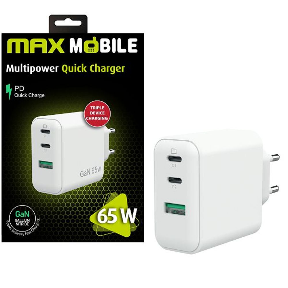MAXMOBILE KUĆNI PUNJAČ PD SUPER FAST CHARGE Duo TypeC+USB-A,3UTR2076-QP,GaN 65W slika 1