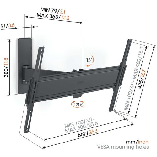 Vogels TVM1623, zidni nosač za ekrane od 40"-77", nagib 15° pomak 120°, do 35kg slika 2