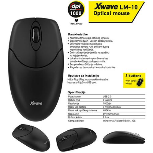 Xwave LM-10 Miš optički,USB,do 1000dpi,crno-sivi slika 5