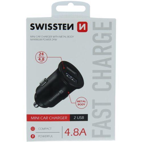 SWISSTEN punjač za auto, 2xUSB, 4.8A, 12-24V, metalic, crni slika 2