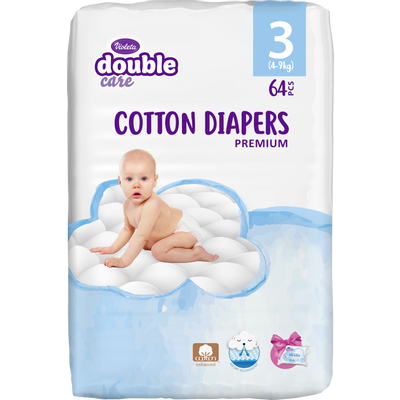 Violeta pelene Double Care Air Dry Cotton

Veličina 3 (4-9 kg) - 64 pelene

Veličina 4 (7-18 kg) - 58 pelena

Veličina 5 (11-25 kg) - 48 pelena