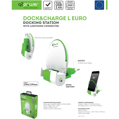 q2power Docking station sa Lightning konektorom - DOCK&amp;CHARGE L EURO slika 4