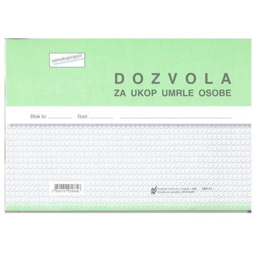 IV-31/P DOZVOLA ZA POKOP UMRLE OSOBE; Blok 2 x 50 listova, 21 x 14,8 cm slika 2