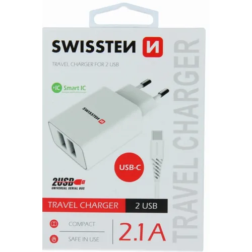 Swissten punjač 2x USB 2,1A+ kabl Type C 1,2m bela slika 4
