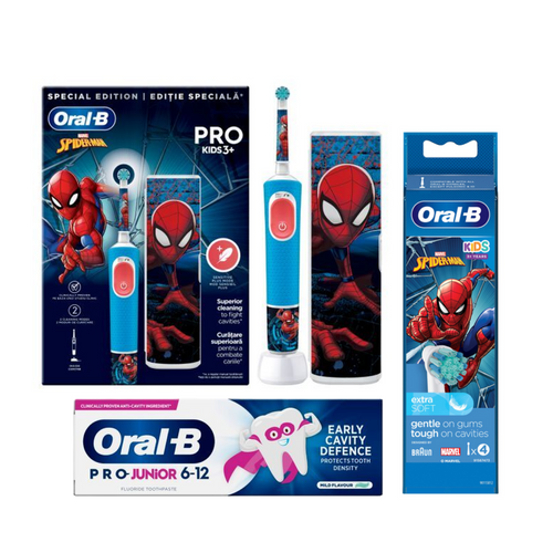 Oral-B Kids Spiderman set za dečiju higijenu zuba - Električna četkica sa kutijom + Zamenski nastavci + Pro Junior pasta za zube slika 1