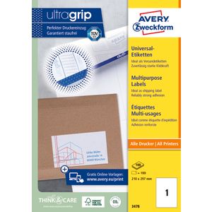 Avery Zweckform 3478 višenamjenske naljepnice A4 ultragrip 210x297mm 100 listova 100 naljepnica bijele