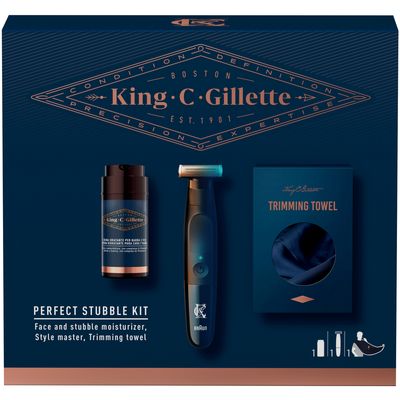 King C. Gillette Poklon paket XMAS sadrži brijač s tri nastavka duljine 1mm, 3mm, 5mm + King C. pjena za brijanje 100ml + ručnik za brijanje