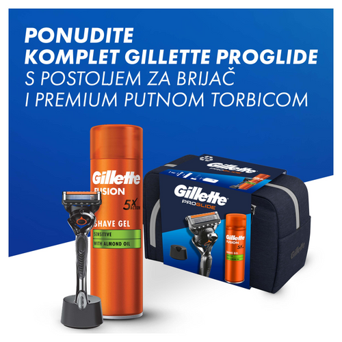 Gillette Proglide sistemski brijač + Fusion Sensitive gel 200ml + stalak za brijač sa neseserom  slika 3