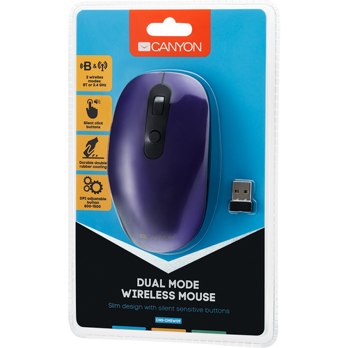 CANYON MW-9 2 in 1 Wireless optical mouse with 6 buttons, DPI 800/1000/1200/1500, 2 mode(BT/ 2.4GHz), Battery AA*1pcs, Violet, silent switch for right/left keys, 65.4*112.25*32.3mm, 0.092kg slika 5