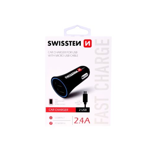 SWISSTEN punjač za auto, 2xUSB, 2.4A, crni + kabel za punjenje USB - microUSB slika 1