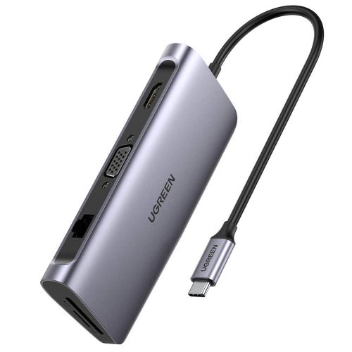 USB HUB UGREEN, USB-C na 3xUSB3.0, HDMI, VGA, RJ45 Gigabit, SD TF, PD port, sivi slika 1