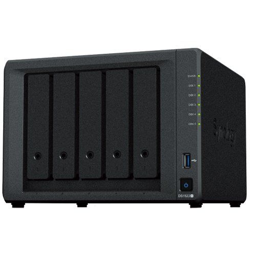 Synology DiskStation DS1522+,Tower, 5-Bay 3.5'' SATA HDD/SSD,2 x M.2 2280 NVMe SSD, CPU AMD Ryzen™ R1600 dual-core (4-thread) 2.6 GHz, max. boost clock up to 3.1 GHz, 8GB DDR4 ECC SODIMM, 4 x 1Gbe, 2xUSB 3.2, 2 x eSATA, 2.7 kg, 3y slika 1