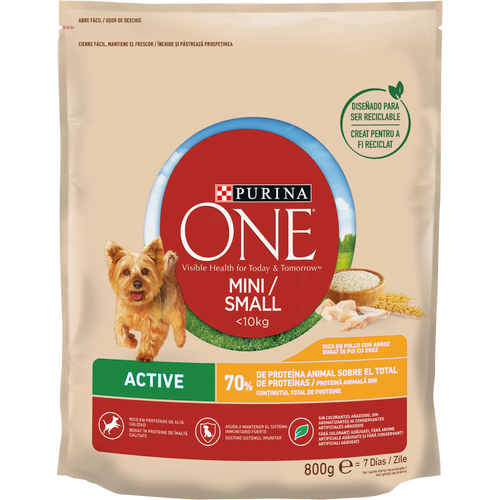 Purina ONE MINI Dog < 10 kg Active, bogata piletinom, s rižom, 800 g slika 1