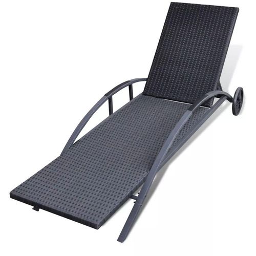 Ležaljka za sunčanje s jastukom i kotačima poliratan crna slika 3