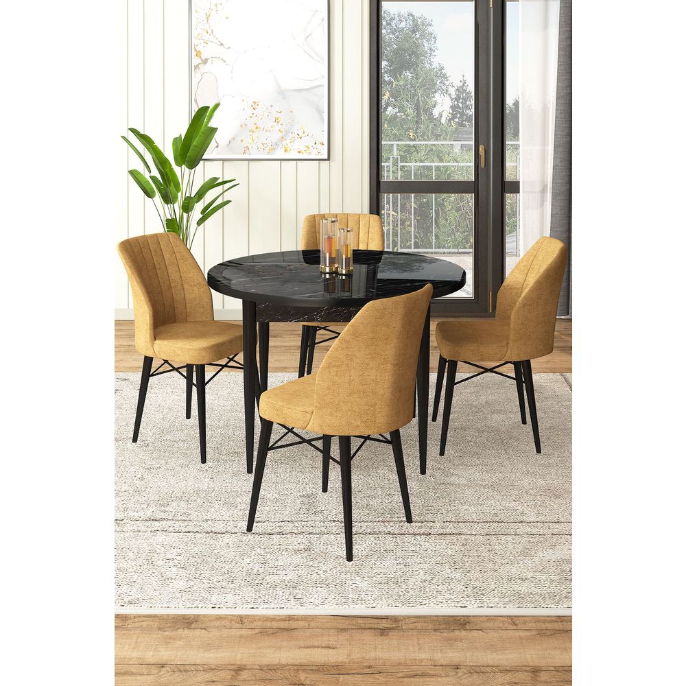 Rox - Crni Mramor, Cappuccino Crni Mramor - Set Trpezarijskog Stola i Stolica (5 Komada) slika 1