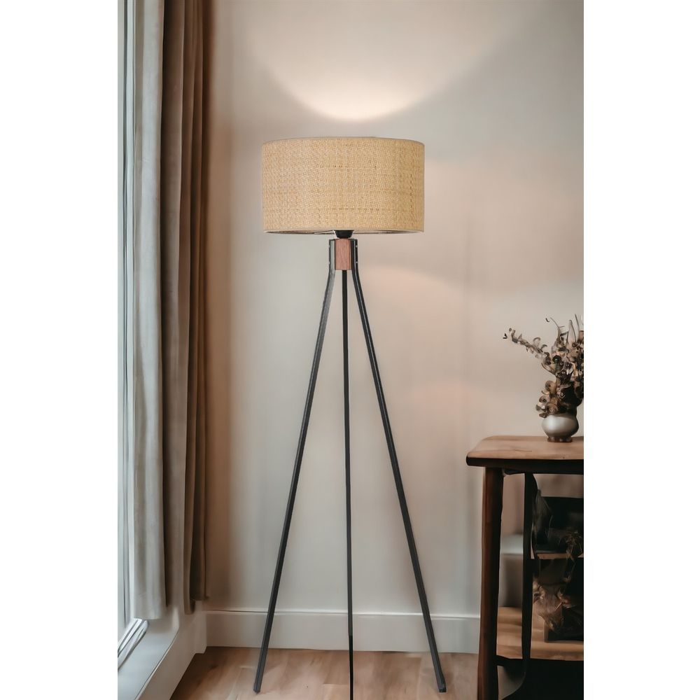 Fısco Tripod Crni Lambader sa Rattan Abajurima slika 2