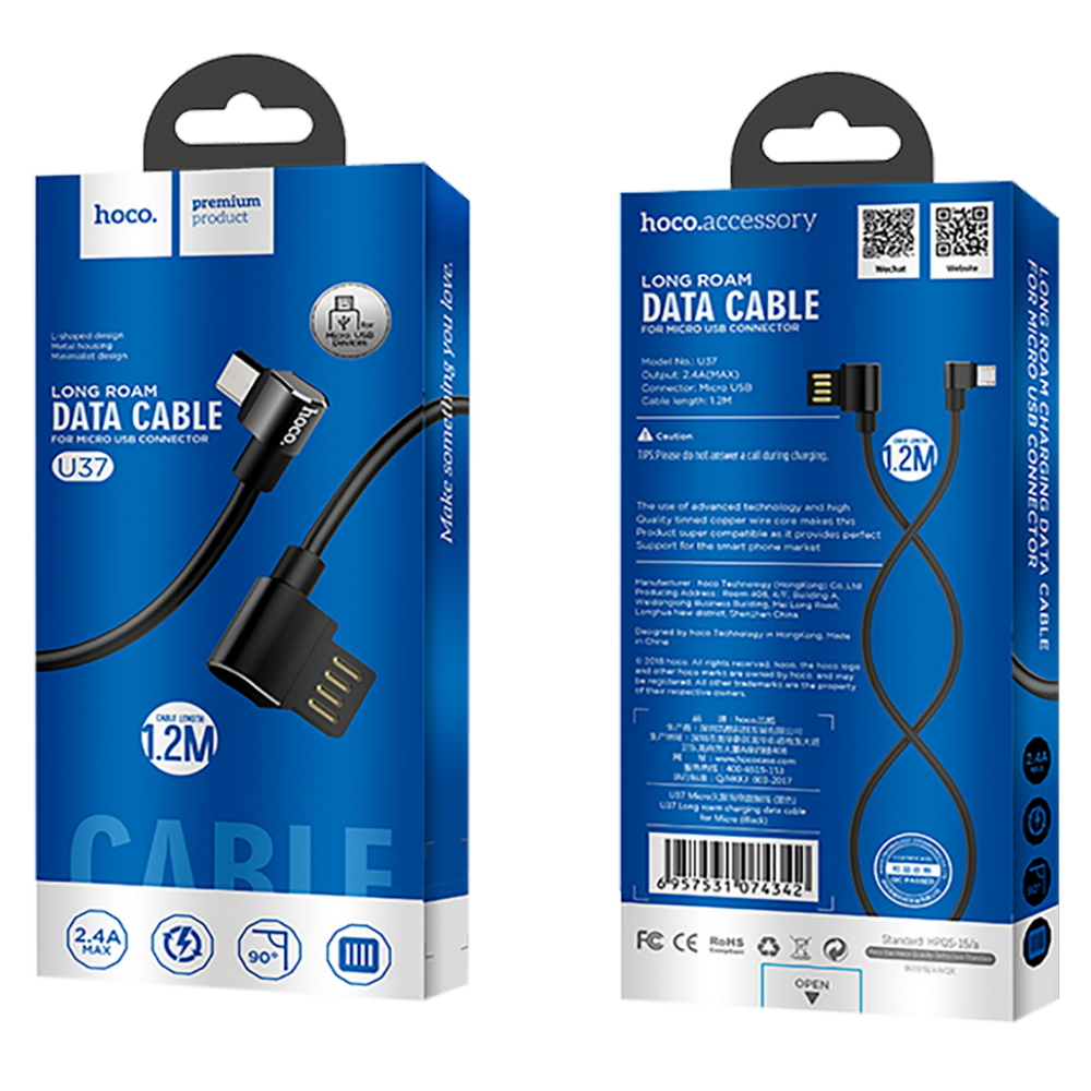 hoco. USB kabl za smartphone, micro USB, kutni 90°, 1.2 met,crna - U37 Long Roam, Micro USB , BK slika 2