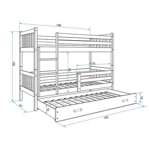 Drveni dječji krevet na kat Carino s tri kreveta 190*80cm - bijeli slika 3