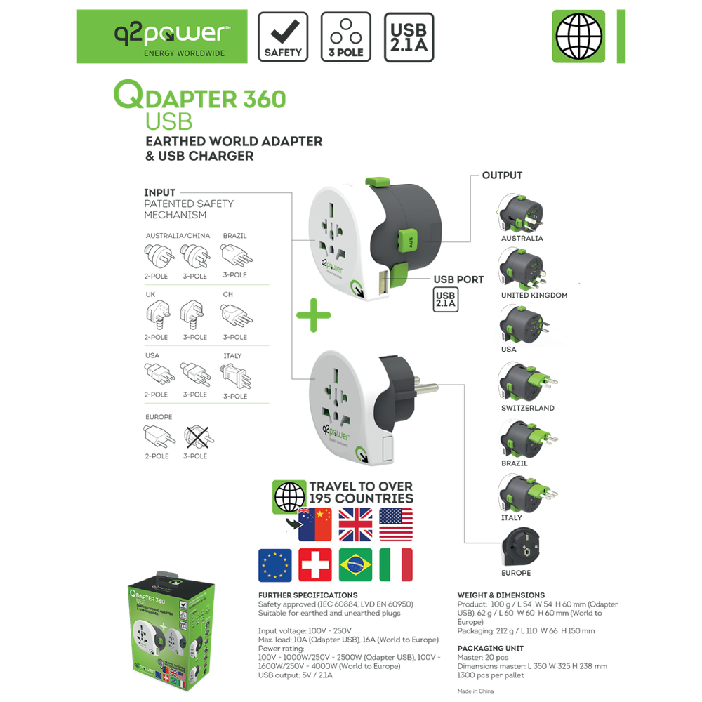 q2power Adapter, strujni, set, univerzalni + EU, USB - QDAPTER 360 USB slika 3