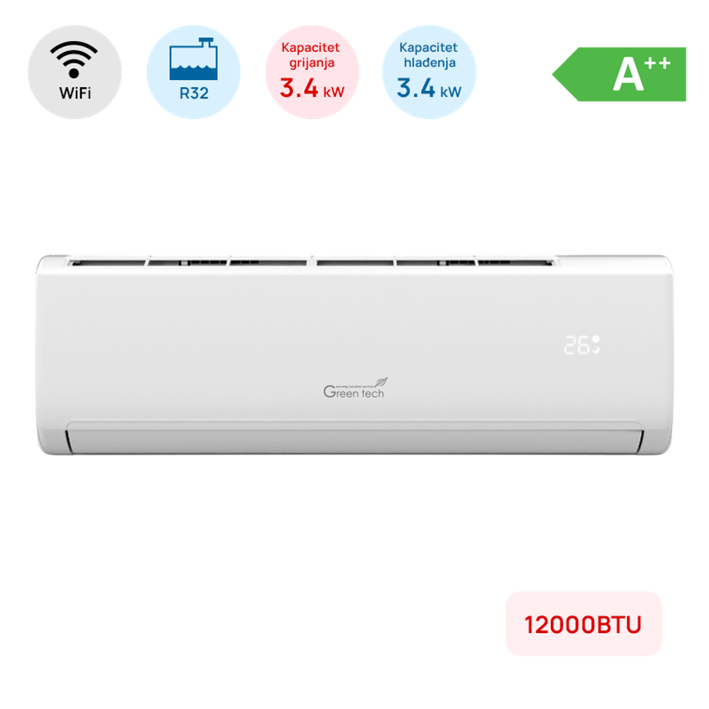 Klima Green Tech 12000BTU, 3.4kW, A++, R32, -22°C ~ 53°C, s grijačem, WiFi, bij. slika 1