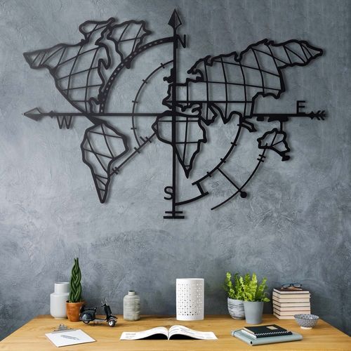 World Map Compass - Black Black Decorative Metal Wall Accessory slika 1