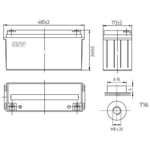 NPP NPG12V-150Ah, GEL BATTERY, C20=150AH, T16, 485*172*240*240, 38,5KG, Light grey slika 2